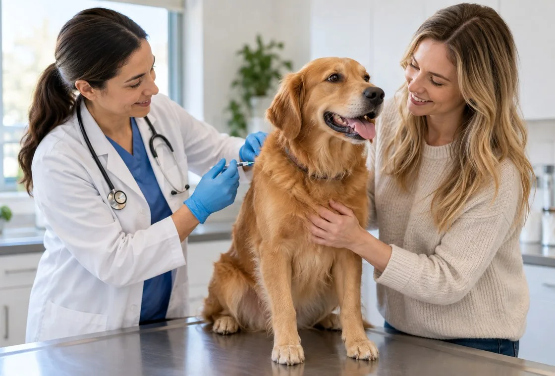 Veterinarian and owner discussing care beside a golden-coated dog
